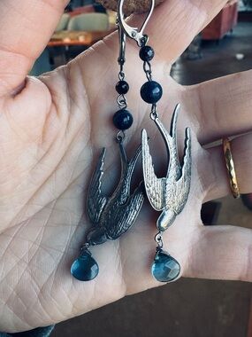 Silver Swallow Drop Dangle Earrings with Blue Beads pewter toned 3” Long